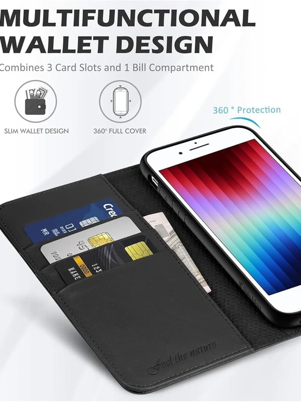 Shieldon Leather Wallet Phone Case - Compatible with iPhone SE3, SE2, 8, and 7.